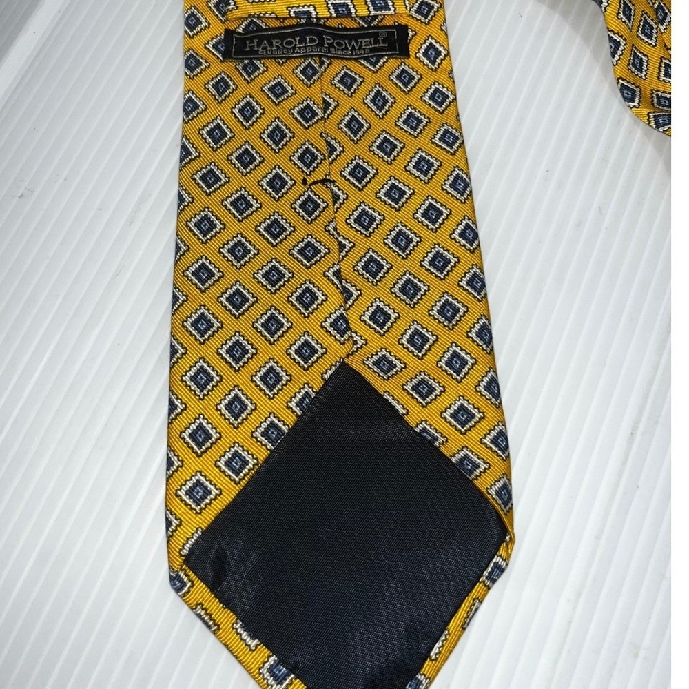 HAROLD POWELL Silk Geometric‎ Diamond Pattern Necktie Yellow Blue Men's - Picture 3 of 5
